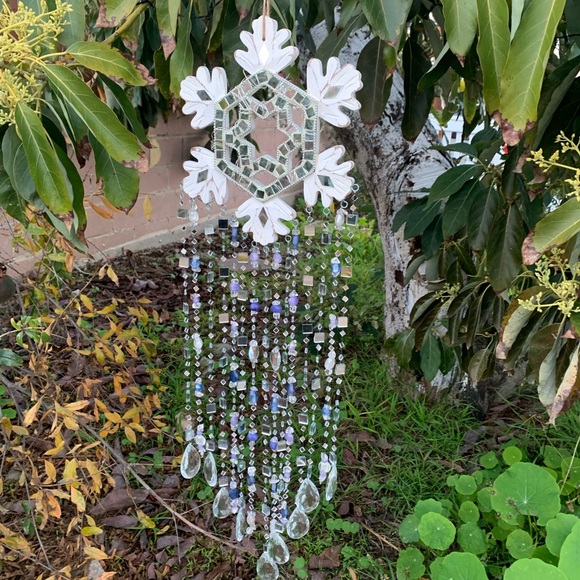 Winter Wonderland Blue Light Wind Chime Sun Catcher w/ Mosaic Mirrors & Crystals - Picture 8 of 11